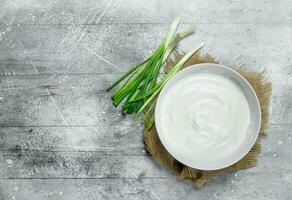 Sour cream with green onions in bowl . photo