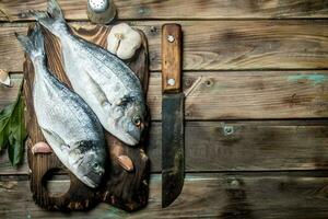 Raw sea fish dorado with herbs and aromatic spices. photo