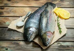 Raw sea fish with herbs and lemon wedges. photo