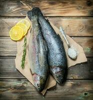 Raw sea fish with herbs and lemon wedges. photo