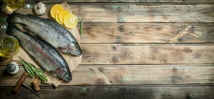 Raw sea fish salmon on old paper with lemon slices and fragrant rosemary. photo