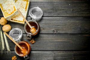 Assortment of different types of honey. photo