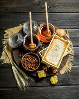 Assortment of different types of honey. photo