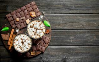 Hot chocolate in mugs with marshmallows and fragrant cinnamon. photo