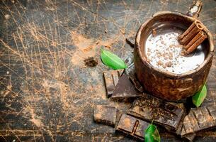 Cup of hot chocolate with cinnamon sticks. photo