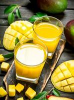 Mango juice and slices of fresh mango on the cutting Board. photo