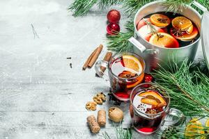 Christmas hot mulled wine with aromatic spices. photo