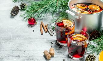 Christmas hot mulled wine with aromatic spices. photo