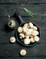 Mushrooms in pan and pepper grinder. photo