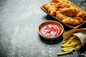 pollo tiras con francés papas fritas y salsa. foto