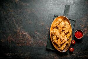 Chicken strips in a plate on a cutting Board with sauce and tomatoes. photo