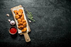 Chicken nuggets with thyme , garlic and sauce in bowl. photo