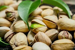 Pistachios with leaves texture . photo