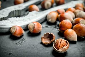 Hazelnuts in a shell with a Nutcracker. photo