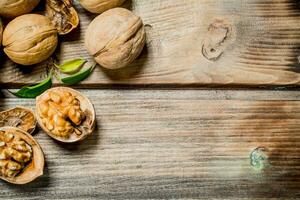 Shelled walnut with green leaves. photo