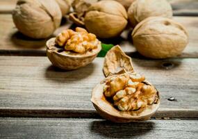 Shelled walnut with green leaves. photo