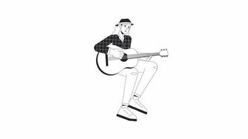 européen adulte femme pays chanteur en jouant bw contour 2d personnage animation. guitariste monochrome linéaire dessin animé 4k vidéo. femelle guitare étudiant Animé la personne isolé sur blanc Contexte video