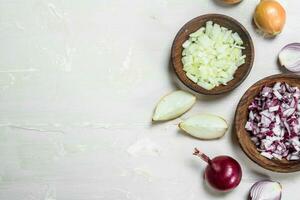 Chopped red and yellow onions in a bowl. photo