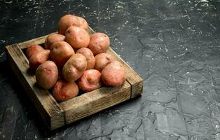 Red potatoes on a wooden tray. photo