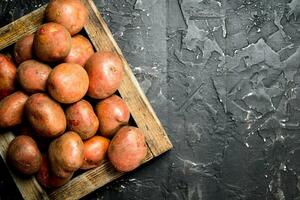 Red potatoes on a wooden tray. photo