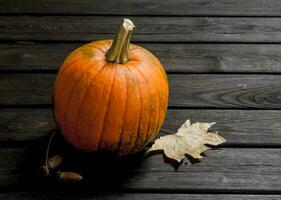 Pumpkin with maple leaves. photo