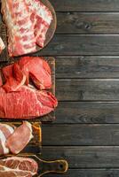 Raw meat. Different kinds of pork and beef meat. photo