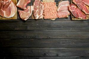 Raw meat. Different kinds of pork and beef meat. photo