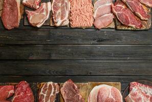 Raw meat. Different kinds of pork and beef meat. photo