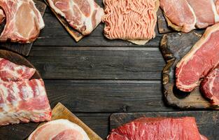 Raw meat. Different kinds of pork and beef meat. photo