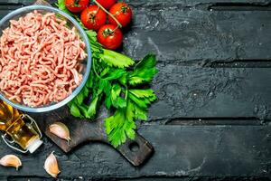 Raw minced meat in a bowl with green parsley and tomatoes. photo