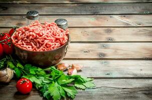 Raw minced meat in a bowl with parsley, tomatoes and garlic. photo