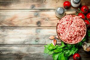 Raw minced meat in a bowl with parsley, tomatoes and garlic. photo