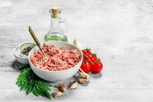 Raw minced beef with spices and herbs . photo