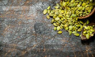 Pumpkin seeds in bowl . photo