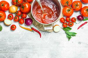 Tomato sauce in a pot with a spoon on paper with tomatoes. photo