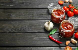 Tomato sauce in a jar with garlic and cherry tomato branches. photo