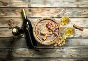 Wine background. White wine in an old barrel. photo