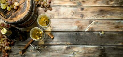 Wine background. White wine in an old barrel. photo