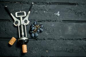 Corkscrew with a branch of grapes. photo