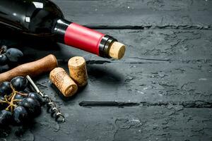 Wine background. Red wine with grapes and corkscrew. photo