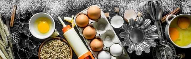 Baking background. Ingredients for the preparation of fresh dough. photo