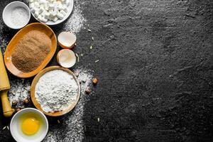 Baking background. Flour with cocoa and egg. photo