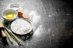 Baking background. Flour with spikeles and a rolling pin. photo