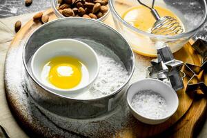 Baking background. Various ingredients for making cookies. photo