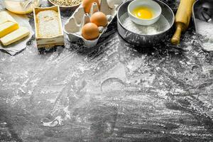 Baking background. Ingredients for making dough at home. photo