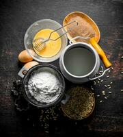 Baking background. Flour with milk, cocoa and grain. photo
