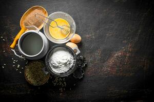 Baking background. Flour with milk, cocoa and grain. photo