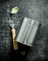 Closed tin can with a opener and a Bay leaf. photo