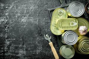 Set of different kinds of tin cans with canned food on a cutting Board with garlic and a opener. photo