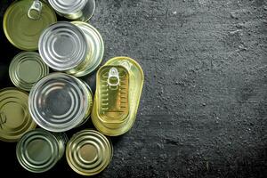 Set of different kinds of tin cans with canned food. photo